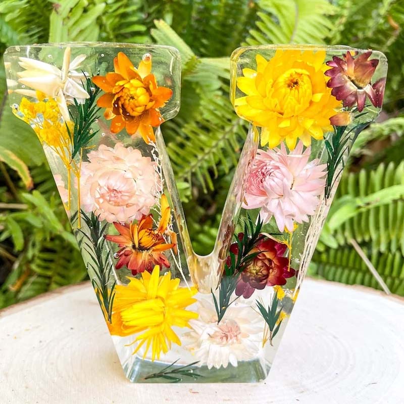 Letter Resin Lamp with Dried Flowers