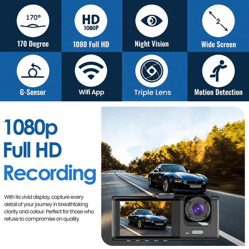 Dash Cam Triple Lens Car Camera Night Vision