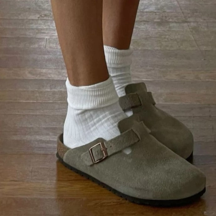 Suede Slip On Clogs with Cork Footbed