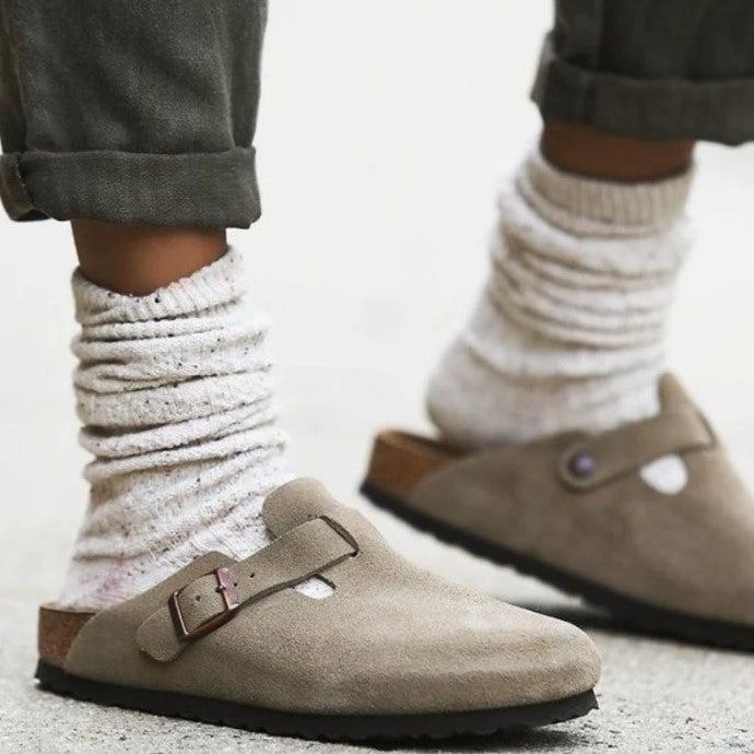 Suede Slip On Clogs with Cork Footbed
