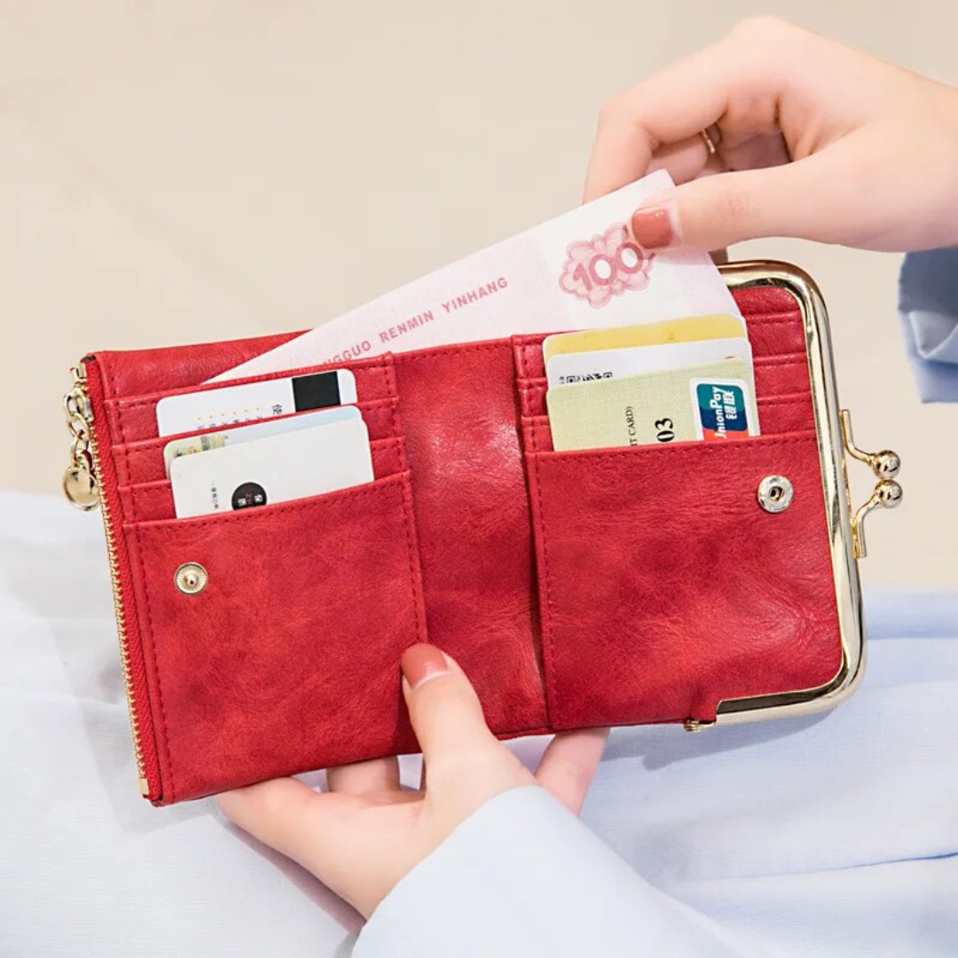 Leather Wallet with Vintage Kiss Lock Closure
