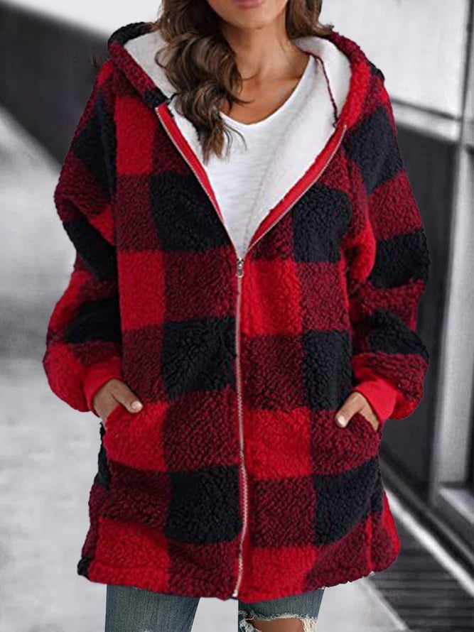 Fleece Oversized Plaid Hooded Zip Jacket