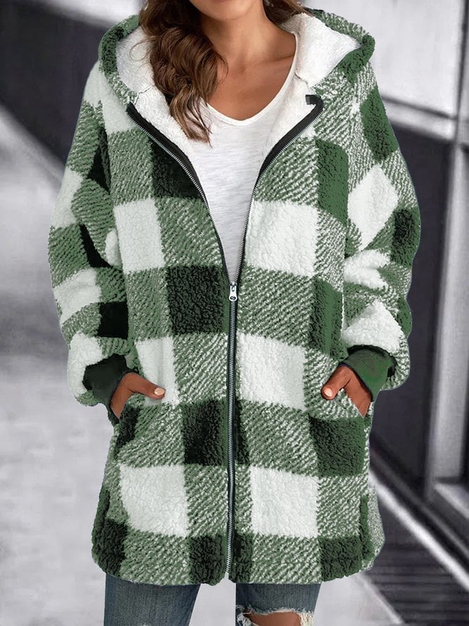 Fleece Oversized Plaid Hooded Zip Jacket