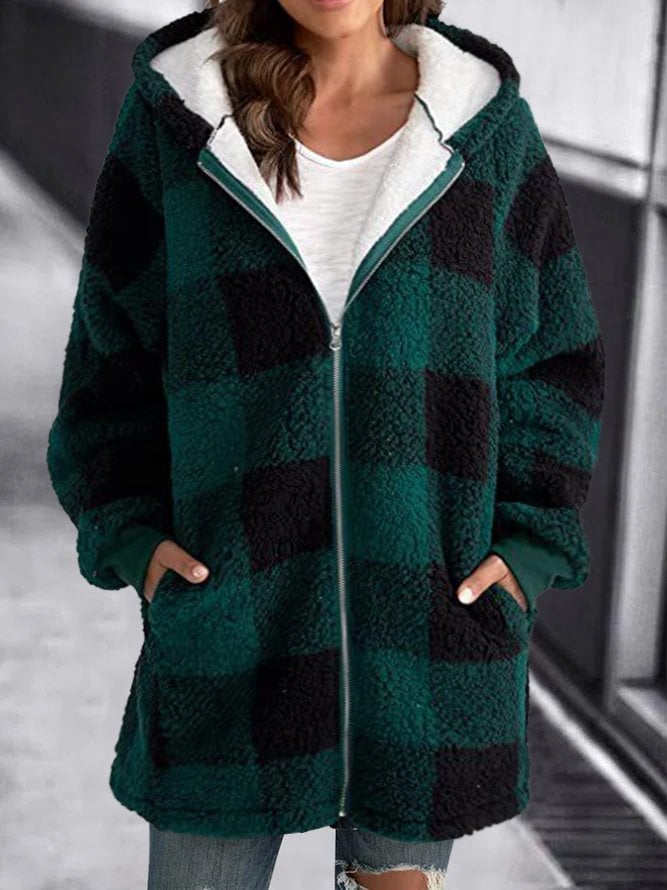 Fleece Oversized Plaid Hooded Zip Jacket