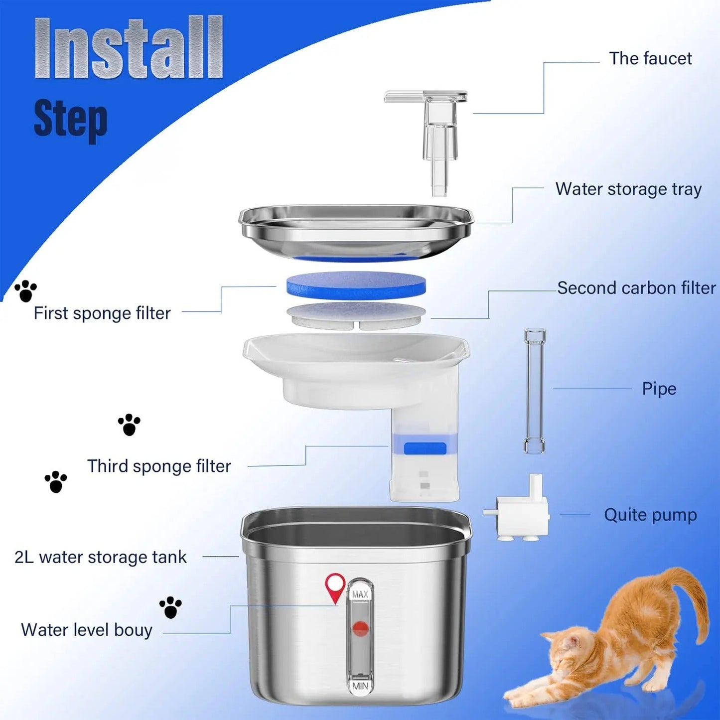 Cat Water Fountain Stainless Steel Quiet Dispenser