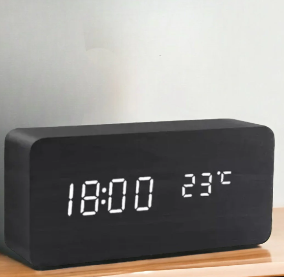 LED Alarm Clock with Wooden Digital Display