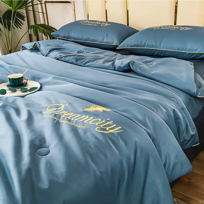 Bedding Set Blue Silk Cooling Summer Quilt