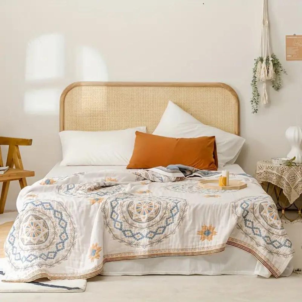 Cotton Throw Blanket with Mandala Boho Print