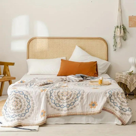 Cotton Throw Blanket with Mandala Boho Print