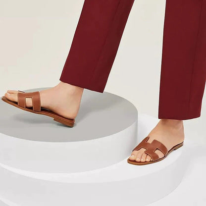 Leather Flat Sandals with Cut Out Strap