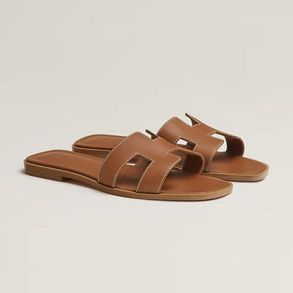 Leather Flat Sandals with Cut Out Strap