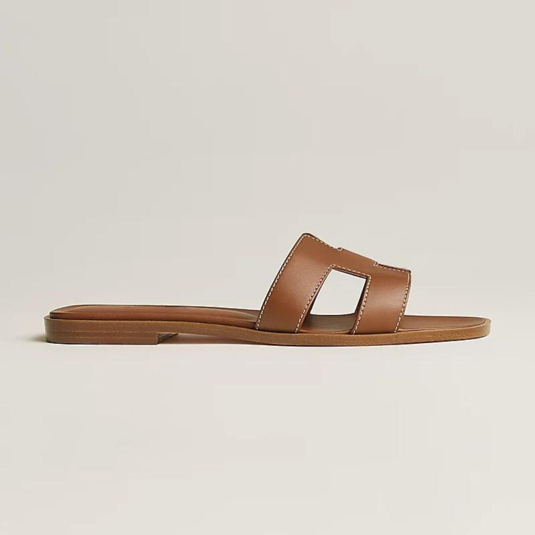 Leather Flat Sandals with Cut Out Strap