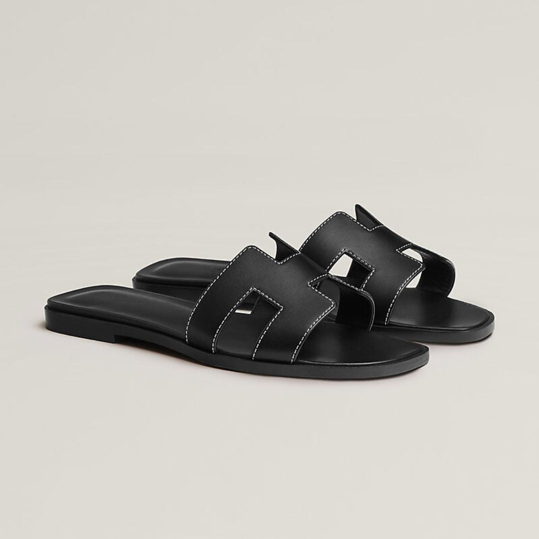 Leather Flat Sandals with Cut Out Strap