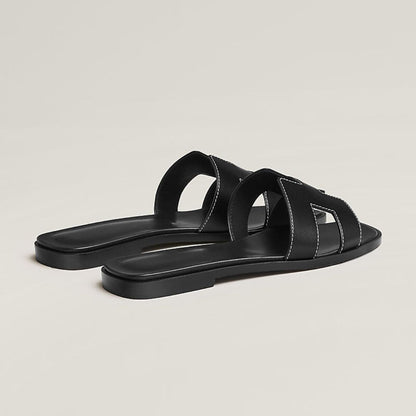 Leather Flat Sandals with Cut Out Strap