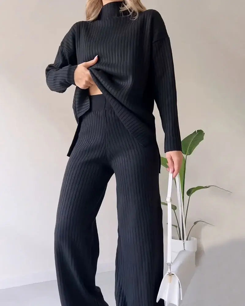 Elegant Avslappning: Chic Slits Casual Tvådelad Set