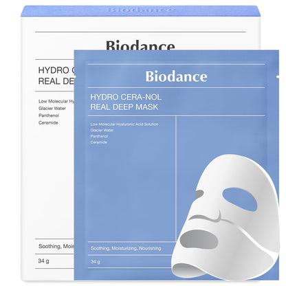 BIODANCE Hydro Cera-nol Real Deep Mask - Overnight Hydrogel Mask for Soothing & Moisturizing Skin (34g, 4 Pack)