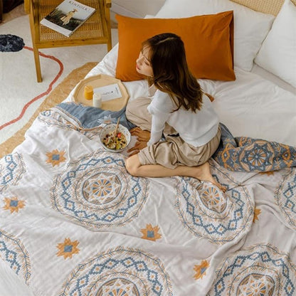 Cotton Throw Blanket with Mandala Boho Print