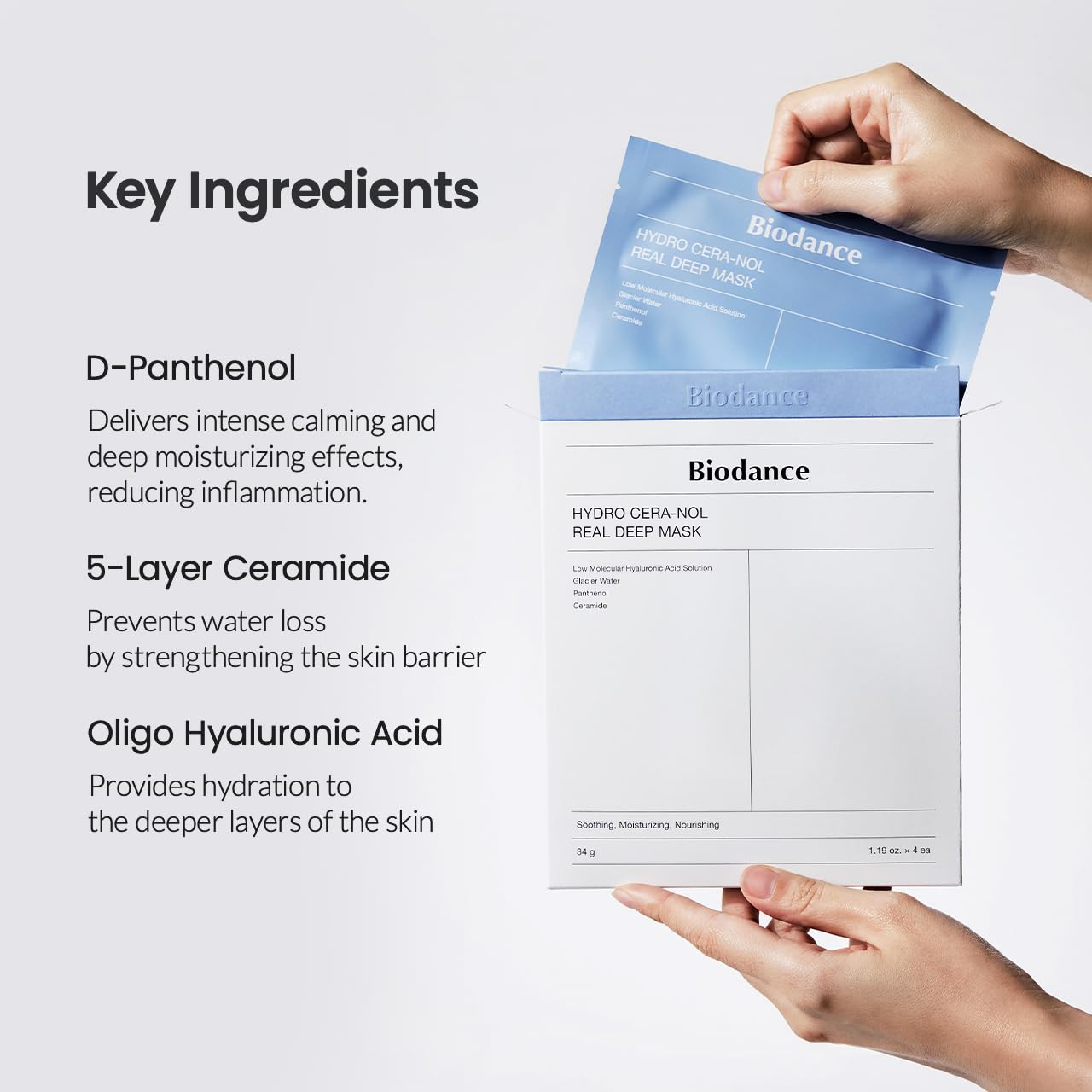 BIODANCE Hydro Cera-nol Real Deep Mask - Overnight Hydrogel Mask for Soothing & Moisturizing Skin (34g, 4 Pack)