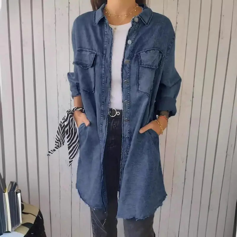 Denim Casual Lång Skjorta Jacka