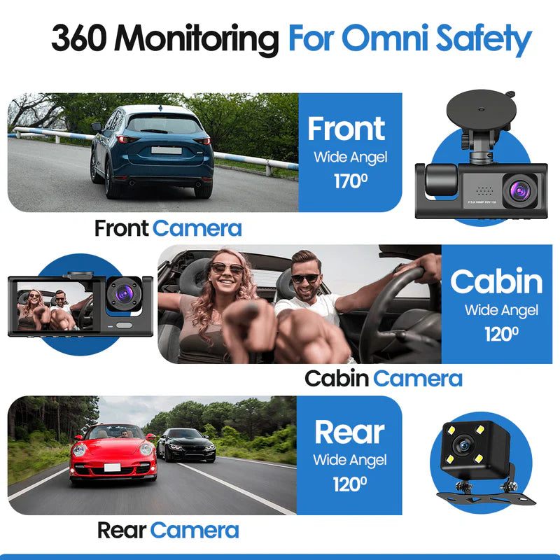 Dash Cam Triple Lens Car Camera Night Vision