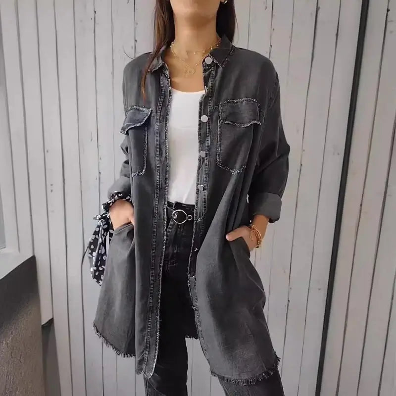 Denim Casual Lång Skjorta Jacka