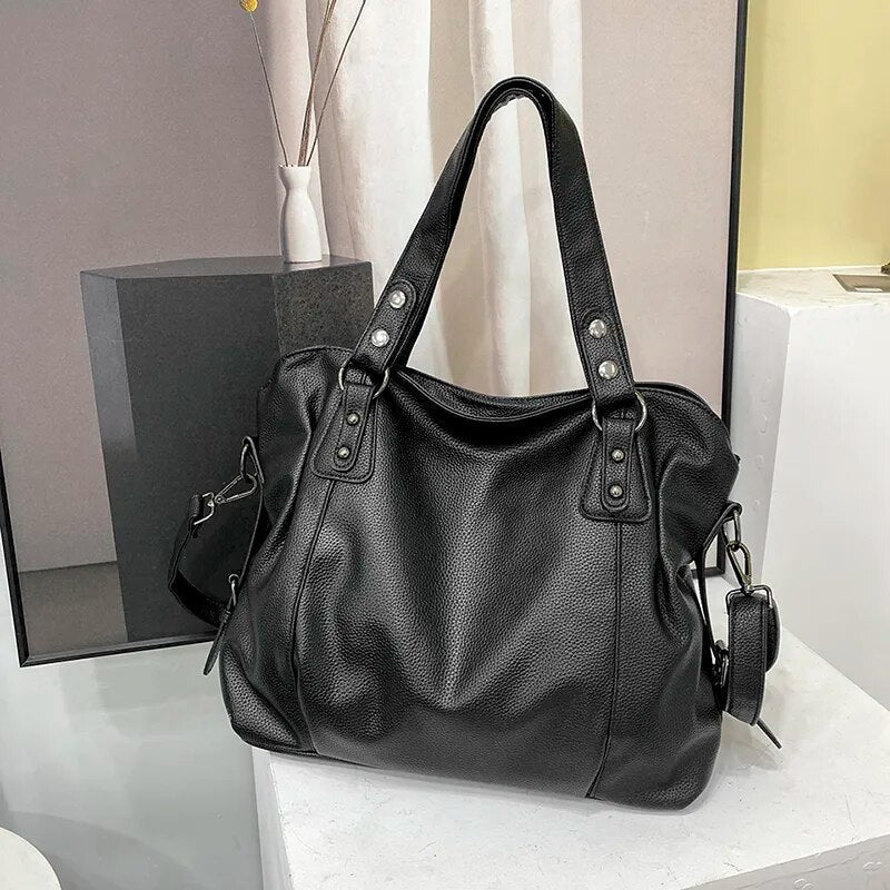 Tote Bag Black Faux Leather Shoulder Handbag