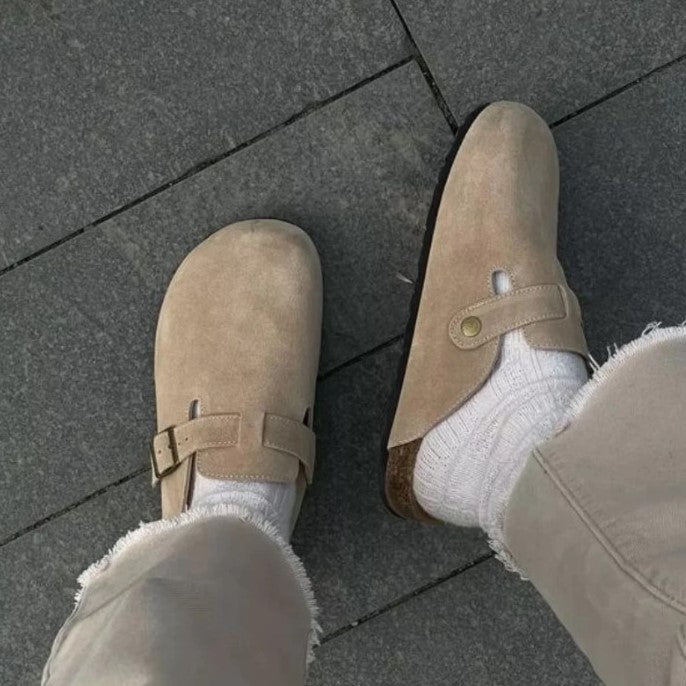 Suede Slip On Clogs with Cork Footbed