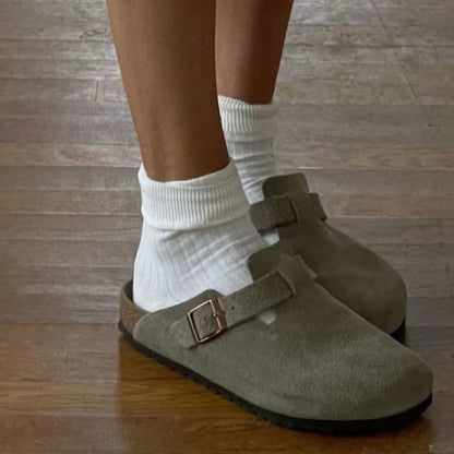 Suede Slip On Clogs with Cork Footbed