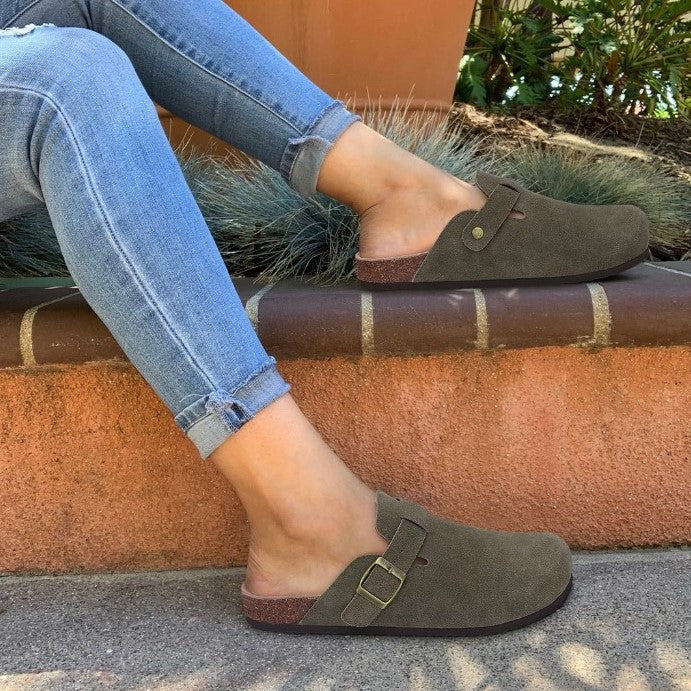 Suede Slip On Clogs with Cork Footbed