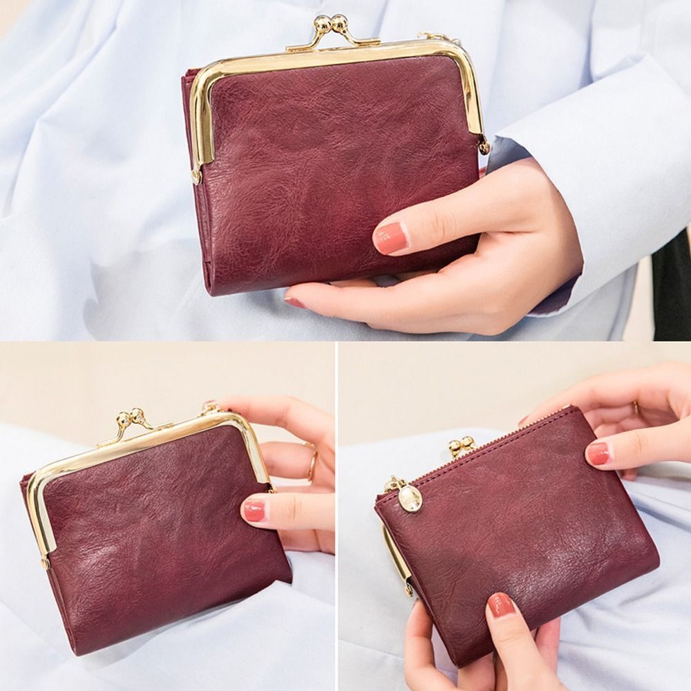Leather Wallet with Vintage Kiss Lock Closure