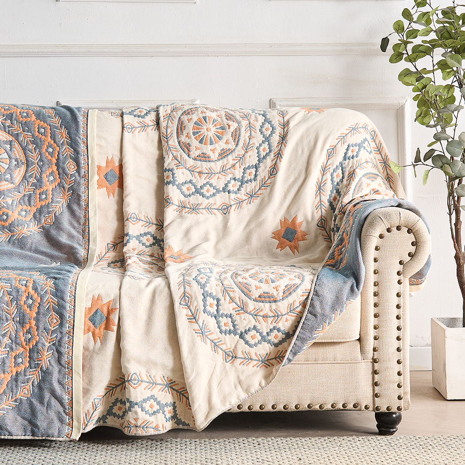 Cotton Throw Blanket with Mandala Boho Print