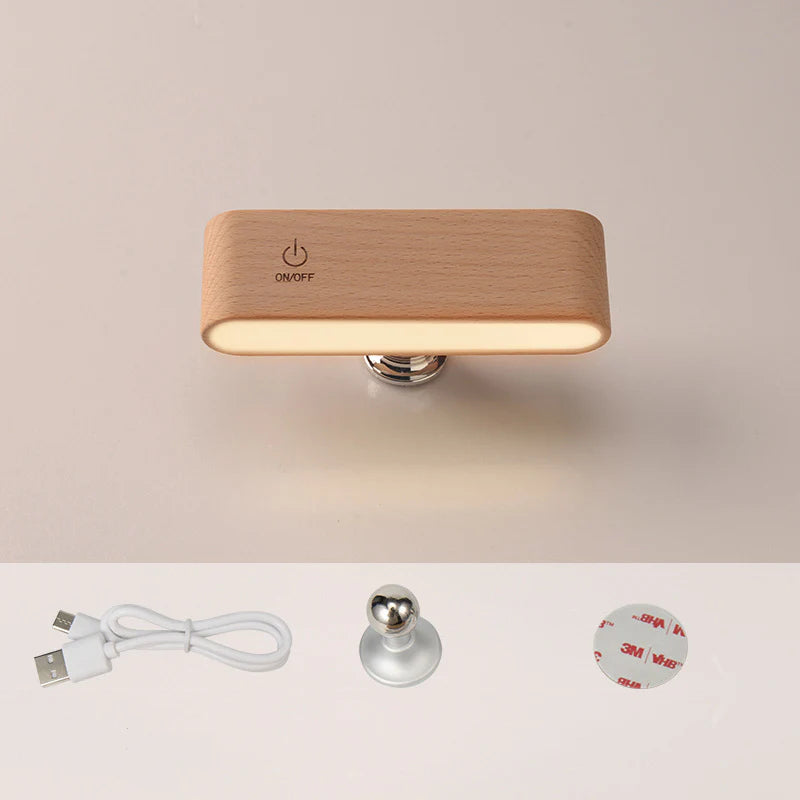 Solid Walnut/Elm Magnetic Wall Lamp with 360° Rotation & Rechargeable Battery