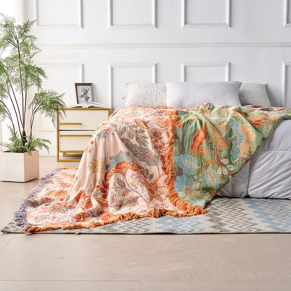 Cotton Throw Blanket Boho Floral Sofa Cover
