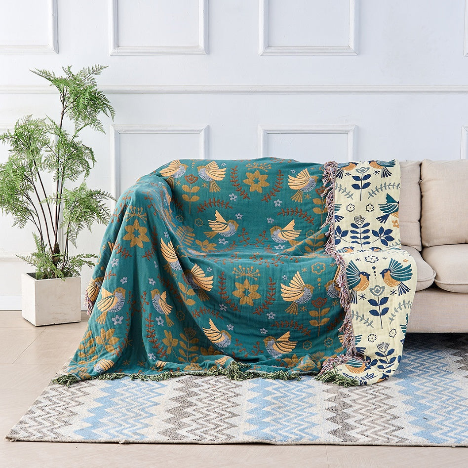 Cotton Throw Blanket Nordic Bird Design