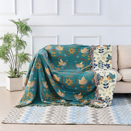 Cotton Throw Blanket Nordic Bird Design