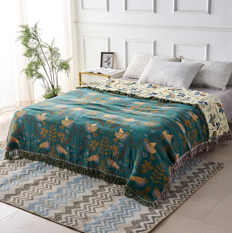 Cotton Throw Blanket Nordic Bird Design