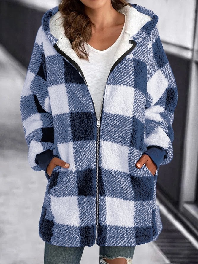 Fleece Oversized Plaid Hooded Zip Jacket