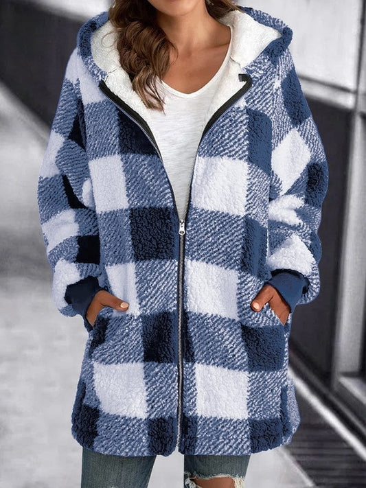 Fleece Oversized Plaid Hooded Zip Jacket
