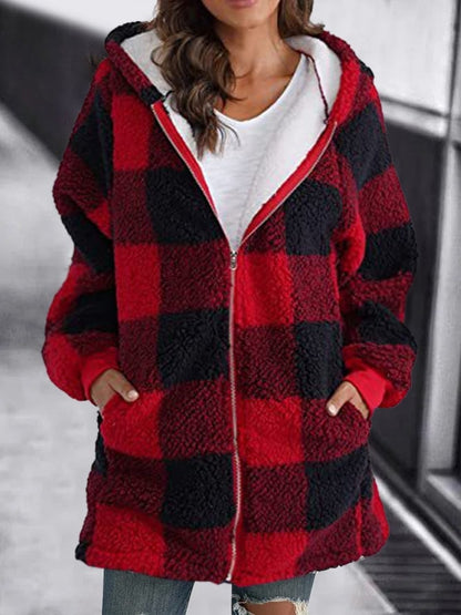 Fleece Oversized Plaid Hooded Zip Jacket