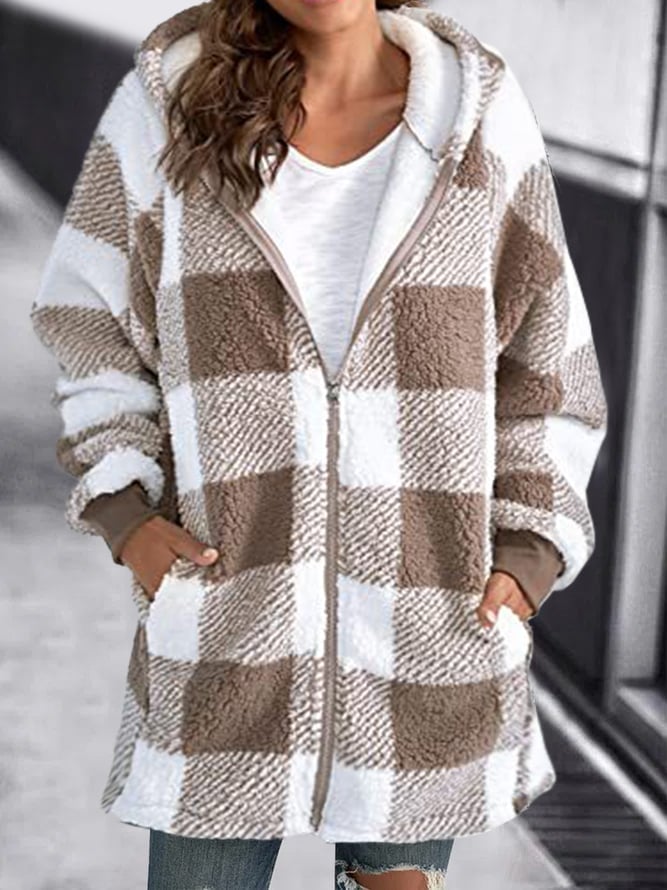 Fleece Oversized Plaid Hooded Zip Jacket