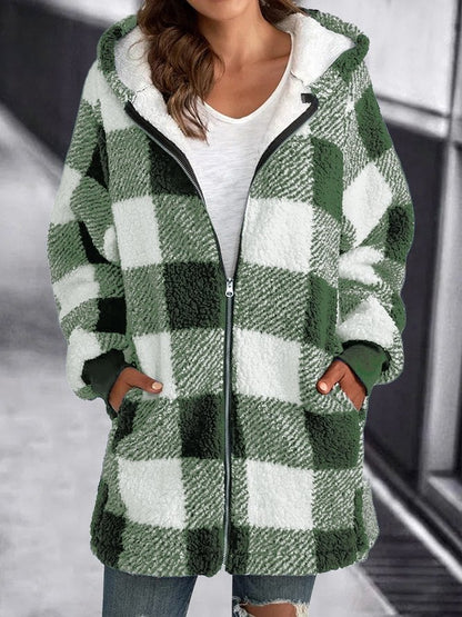 Fleece Oversized Plaid Hooded Zip Jacket