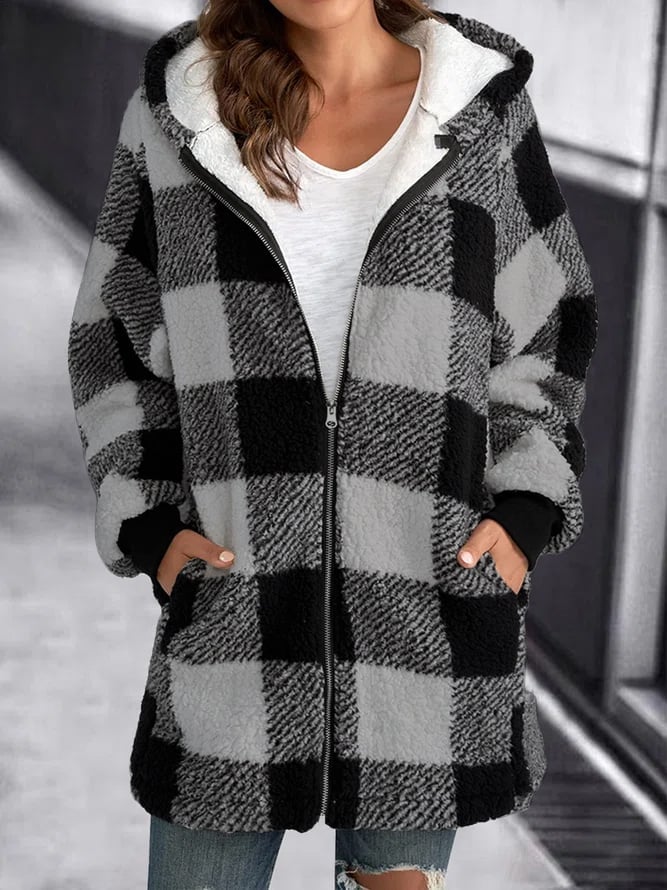 Fleece Oversized Plaid Hooded Zip Jacket