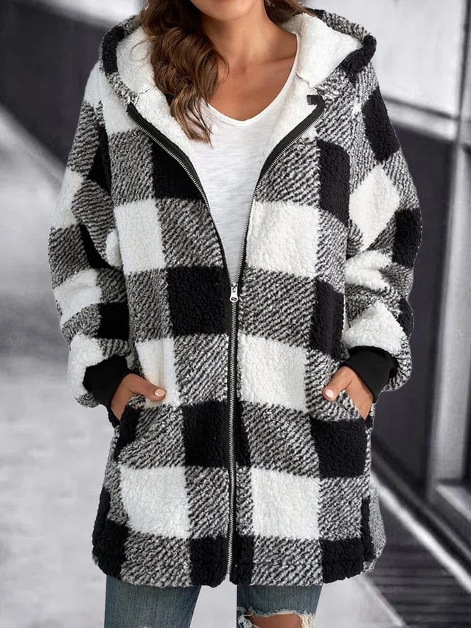 Fleece Oversized Plaid Hooded Zip Jacket