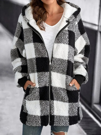 Fleece Oversized Plaid Hooded Zip Jacket