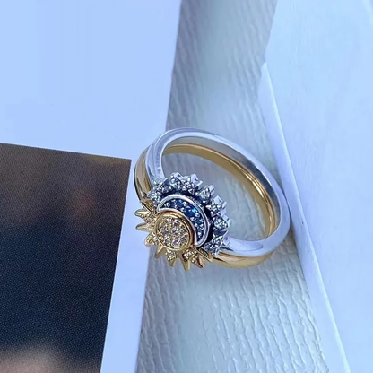 Crystal Statement Ring with Sun and Moon Design