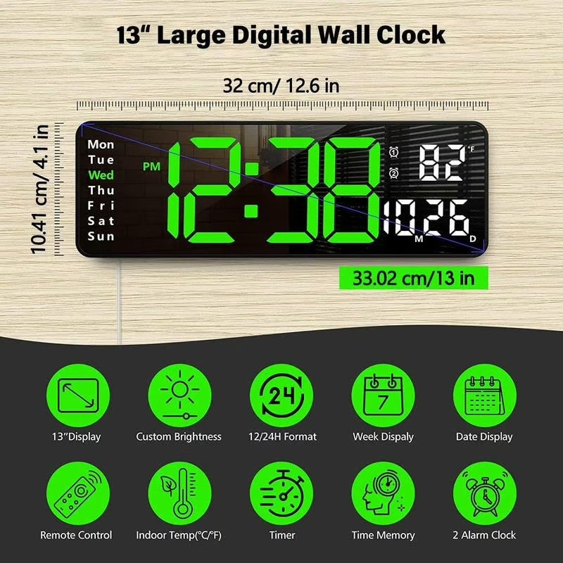 13" Smart Klocka: Temperatur, Datum, Nattljus & Mer