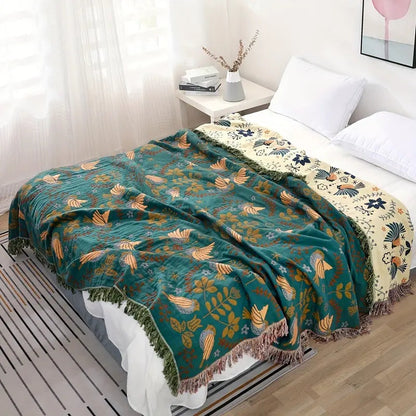 Cotton Throw Blanket Nordic Bird Design