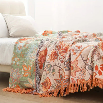 Cotton Throw Blanket Boho Floral Sofa Cover