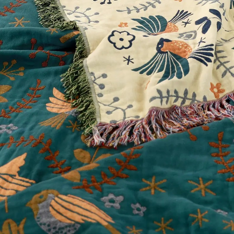 Cotton Throw Blanket Nordic Bird Design