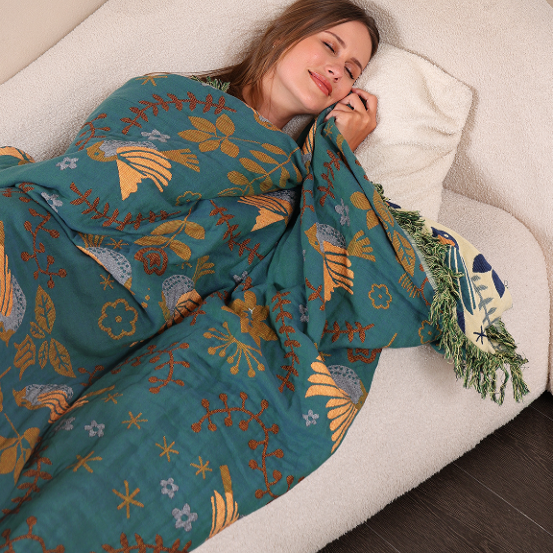Cotton Throw Blanket Nordic Bird Design